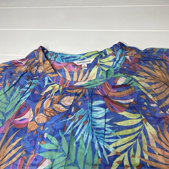 Counterparts Tropical Blouse Top Women's SZ XL Smocked Flutter Sleeve Blue Multi - Picture 9 of 16